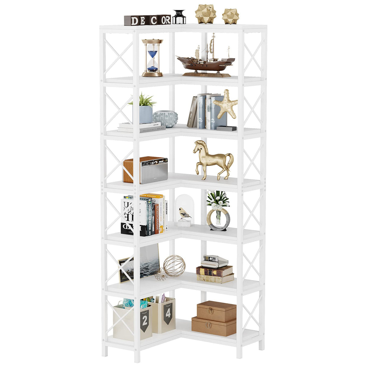 LITTLE TREE 7-Shelf Corner Bookshelf Modern Corner Bookcase Corner Shelf for Living Room Home Office, White LITTLE TREE