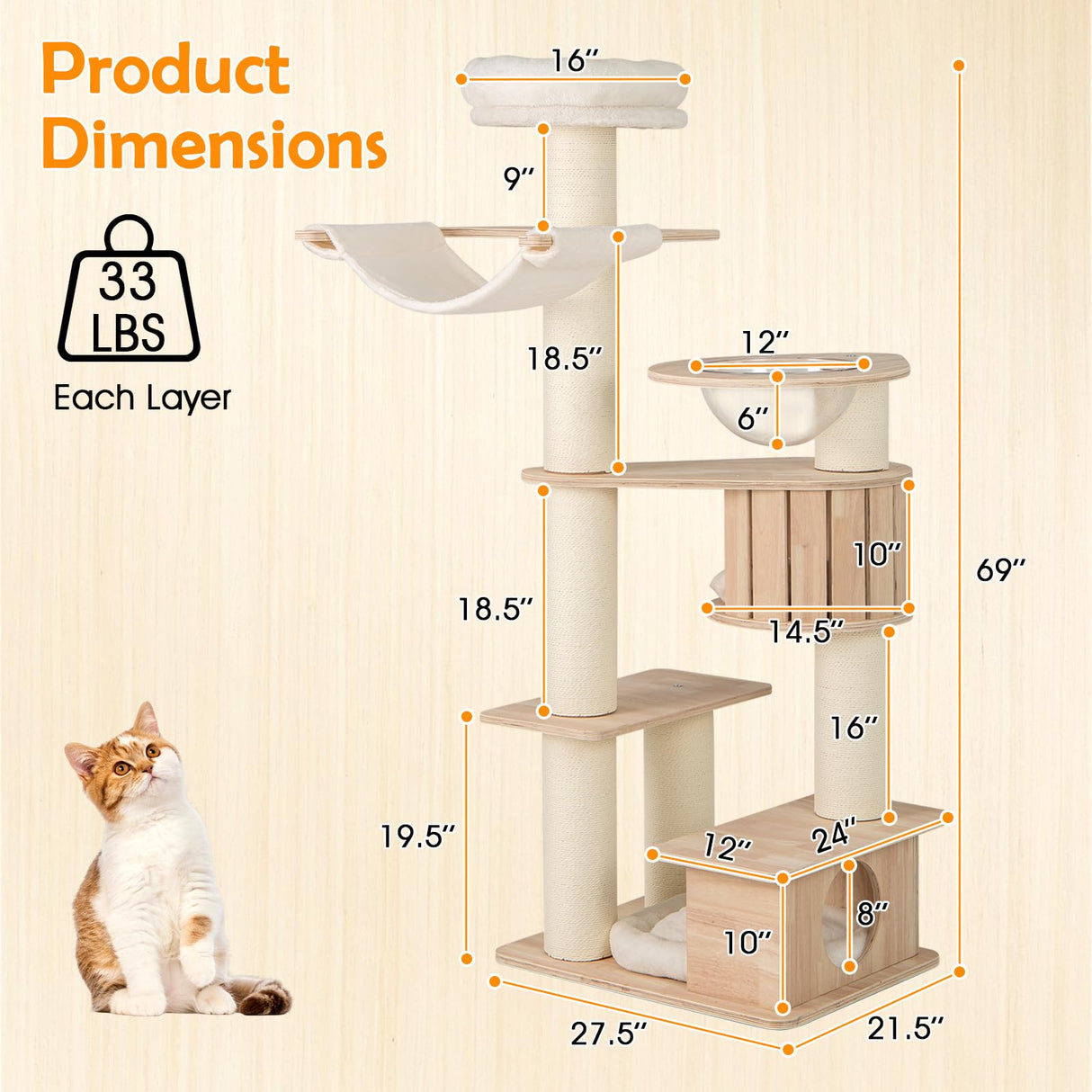 PETSITE 69 Inch Tall Wood Cat Tree, Multi-Level Modern Cat Tower with 5.7 inch Scratching Posts, Double Cat Condos, Space Capsule, Hammock, Large Wooden Cat Tree Tower for Indoor Cats, Natural PETSITE