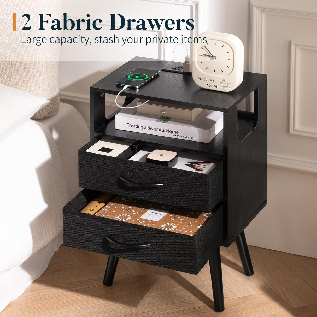 Yoobure LED Night Stand with Charger Station, Mid Century Modern Nightstand with Fabric Drawers, Bedside Table Nightstands with Storage Shelf, Bed Side Table Small Night Stands for Bedroom Living Room Yoobure