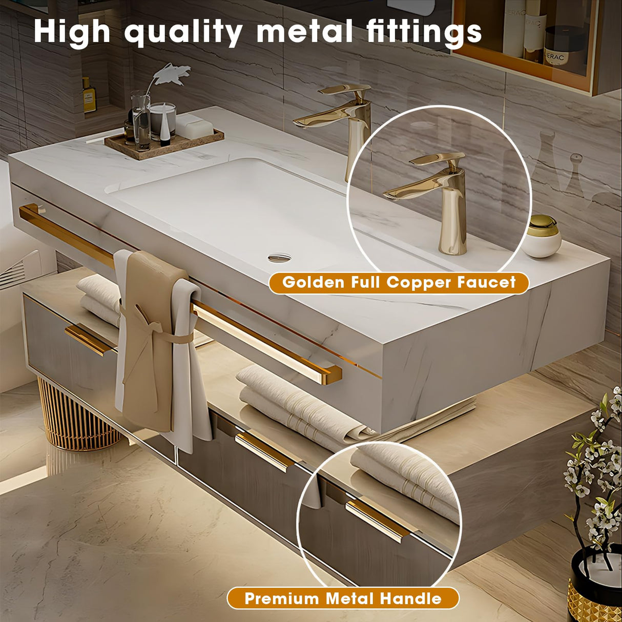 High QLO Bathroom Vanity - Double Floating Vanity Cabinet Sink and Glass Multilayer Solid Wood Modern & Bathroom Led Mirror (60IN) High QLO