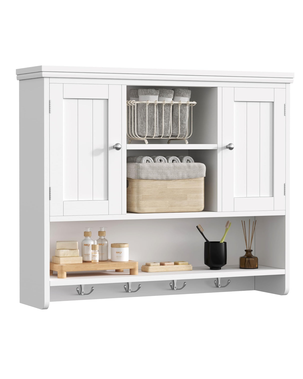 Irontar 31.5" L Large Medicine Cabinet with 4 Hooks, Wooden Bathroom Wall Cabinet with Shelf, Modern Hanging Cabinet Over Toilet, Lined Door, for Living Room, Entryway, Kitchen, White Irontar