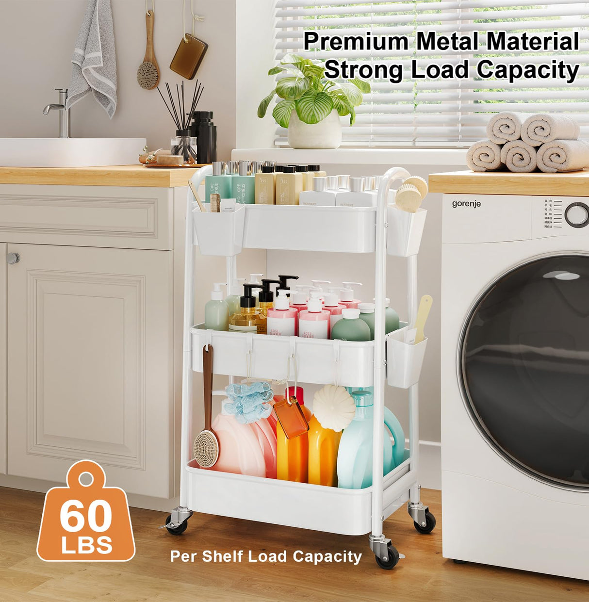 3 Tier Rolling Cart Metal with Wheels, Heavy Duty White Three Tiered Craft Cart Organizer on Wheels, Utility Roller Storage Carts for Art, Baby Nursery, Diaper Caddy, Snack,Book,Nail,Cleaning Supplies Osivaex