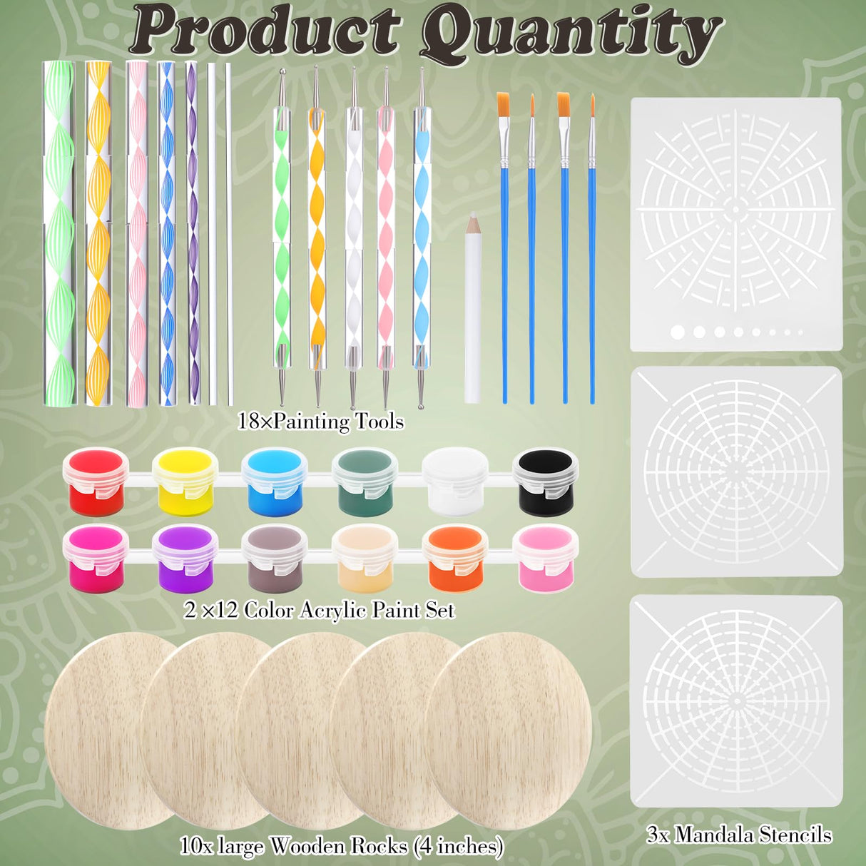 Potchen 10 Pcs Mandala Rock Painting Kit Mandala Dotting Tools Kit Wooden Rocks Dot Paint Stencils Tool Set for Adults Arts Drawing Home Decor Activity DIY Mothers Day Gift Potchen