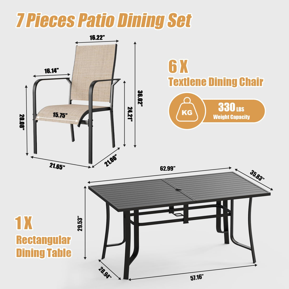 BUPPLEE 7-Piece Outdoor Patio Dining Set - 6 Stackable Texlin Sling Chairs & 63" Steel Table, Weatherproof Low-Maintenance Furniture for Backyard/Balcony/Poolside, Includes 1.57"-1.97" Umbrella Hole BUPPLEE