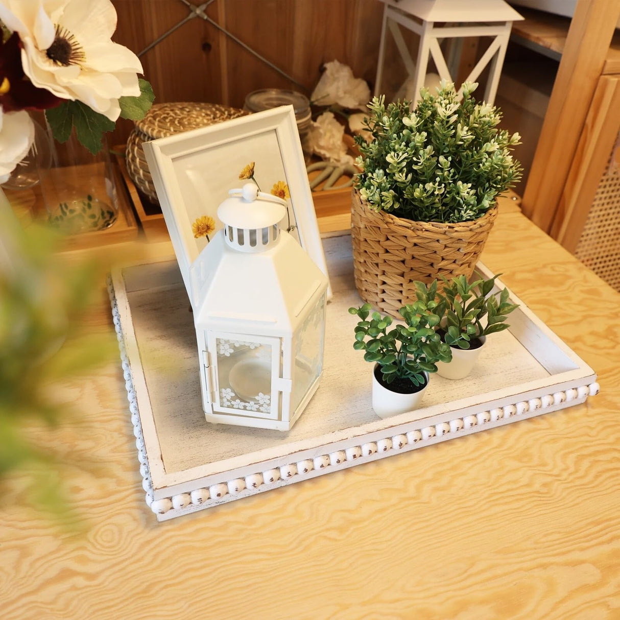 Hrastany Wood Decorative Coffee Table Serving Tray, Farmhouse Rectangular Tray with Wooden Bead for Ottoman, Entertaining, Home Decor, 15.7”*11.8”*1.57” (Whitewashed) Hrastany