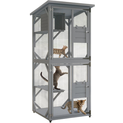 Catio, Outdoor Cat Enclosure with 3 Platforms, Outdoor Cat House with Fir Wood, Weatherproof Kitty Catio with Resting Box, 4 * 360° Wheels