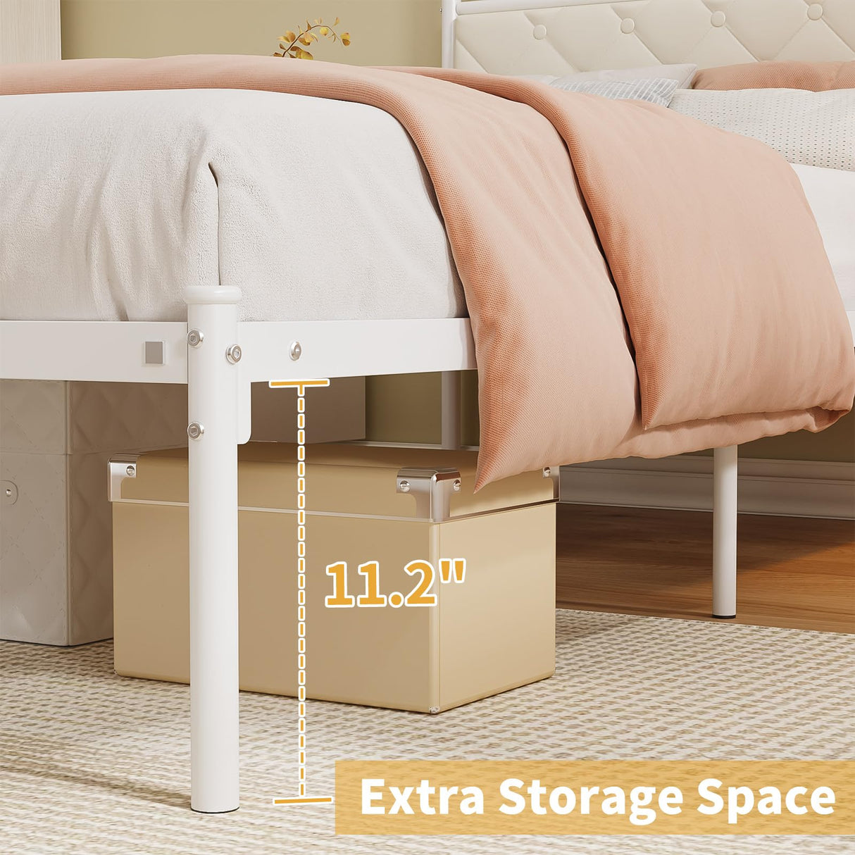 Elephance Twin Bed Frame with Upholstered Headboard Metal Platform Bed with 11.2 Inchs Storage Space Button Tufted No Box Spring Needed Easy Assembly,White Elephance