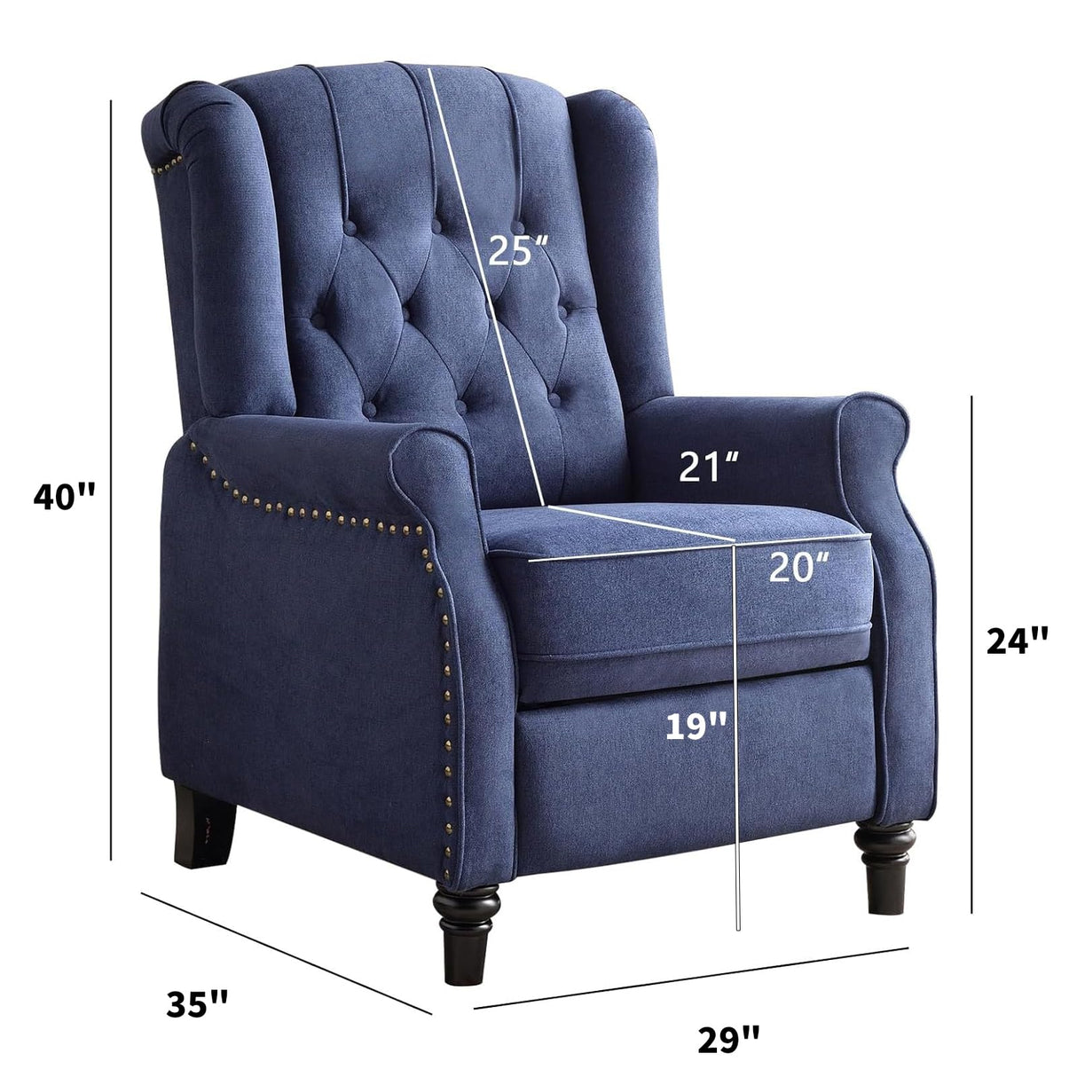 CANMOV Push Back Recliner Chair,Accent Chair, Mid Century Wingback Recliner, Fabric Push Back Recliner Chair Single Armchair Sofa with Rivet Decoration, Button-Tufted Back for Living Room,Dark Blue CANMOV