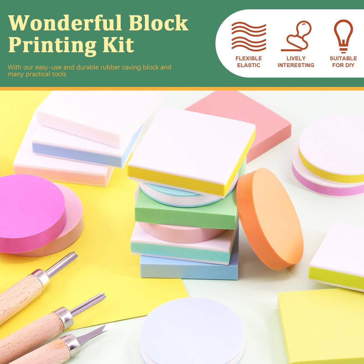 Keadic 24 Pieces Block Printing Starter Tool Kit, Rubber Stamps Making Set with Round & Square Rubber Carving Blocks, Linoleum Cutter Tools & Grindstone for Stamp Carving and Printmaking Keadic