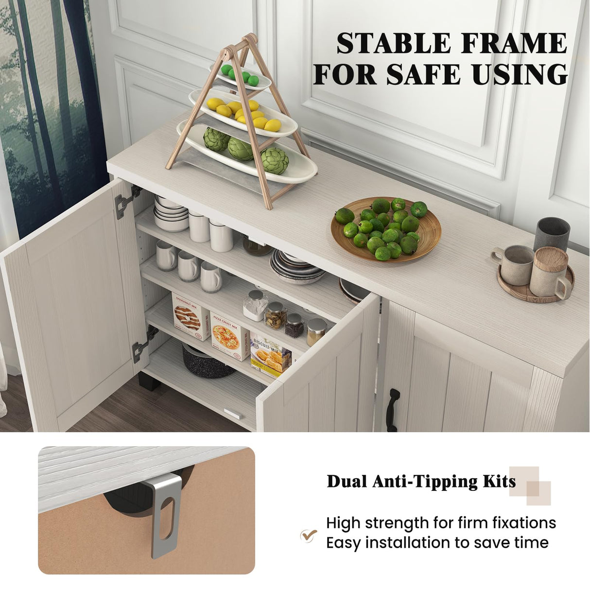 Giantex Buffet Cabinet Kitchen Storage Cupboard - 3 Door Sideboard with Adjustable Shelves, Cable Management Holes, Anti-Tipping Kits, Coffee Bar Console Cabinet for Living Room (Whitewash) Giantex