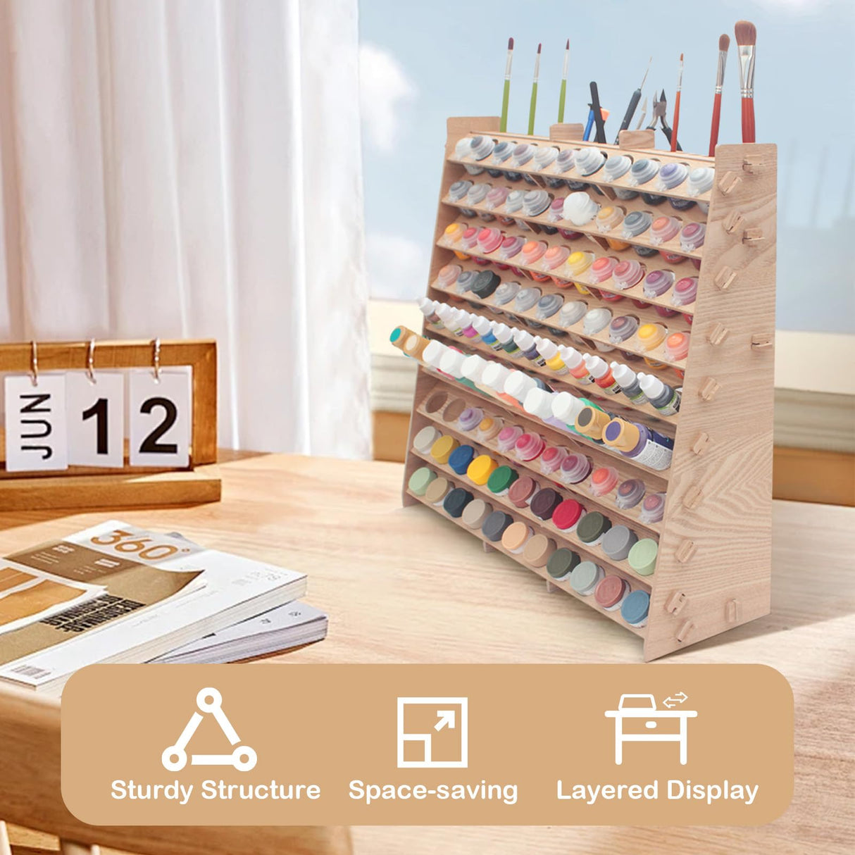 ARFETIGO Extra Large Wooden 9-Tiers 99 Bottles' Capacity Wooden Paint Organizer & Paint Brush Rack for Acrylic OIL Craft Hobby Mini Model Painting Organizer for Artists (Vertical) ARFETIGO