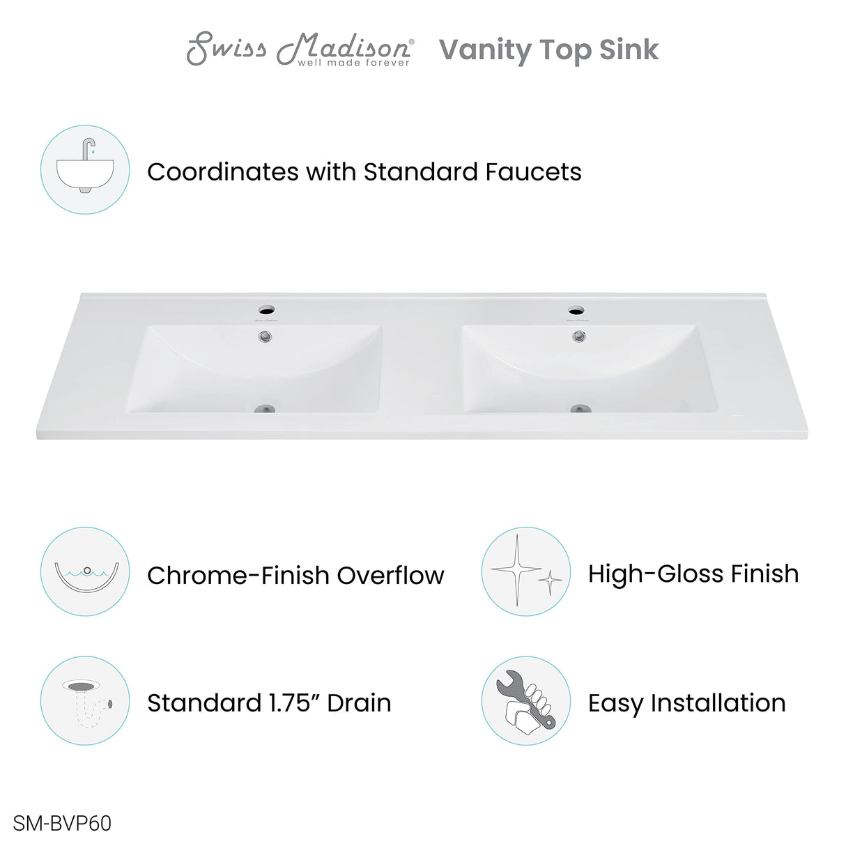 60" Vanity Top Bathroom Sink Swiss Madison