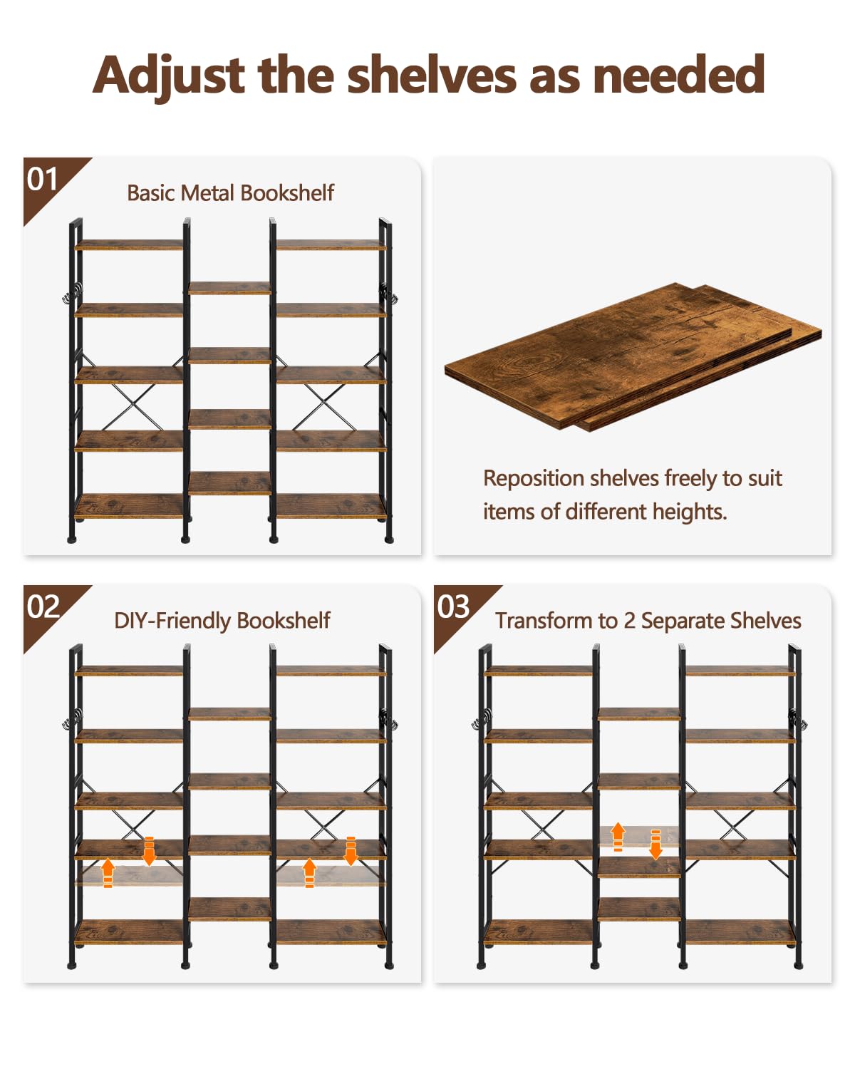 Furologee Triple 5 Tier Bookshelf, Bookcase with 14 Open Display Shelves, Wide Etagere Book Shelf, Industrial Shelving Units for Home Office, Living Room, Bedroom, Rustic Brown Furologee