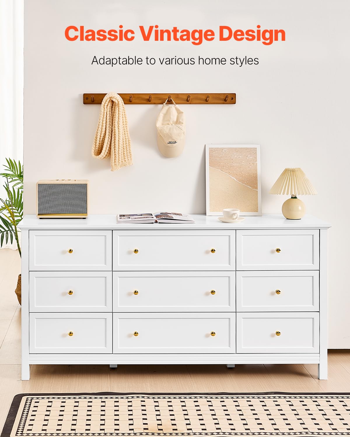 VEVOR 9 Drawer Dresser, Wooden Chest of Drawers with Sliding and Anti-tip Device, Retro Minimalist Dresser Chest, Closet Storage TV Stand Organizer for Living Room, Hallway, Bedroom, Entryway, White VEVOR