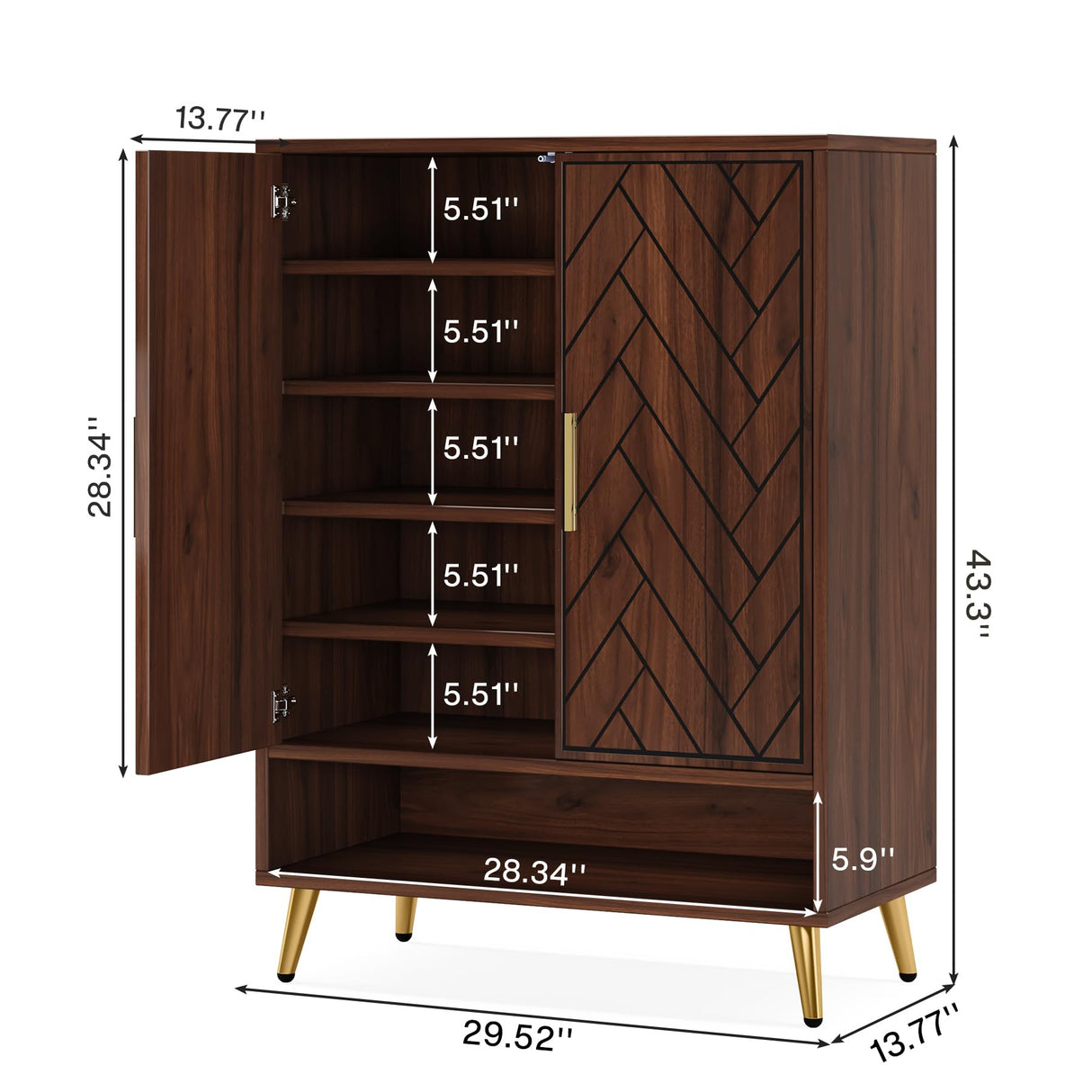 Tribesigns Walnut Shoe Cabinet with Doors, 6-Tier 24 Pairs Shoe Storage Cabinet for Entryway, Wooden Entryway Shoe Cabinet with Adjustable Shelves for Living Room, Bedroom (Walnut, Gold Legs) Tribesigns
