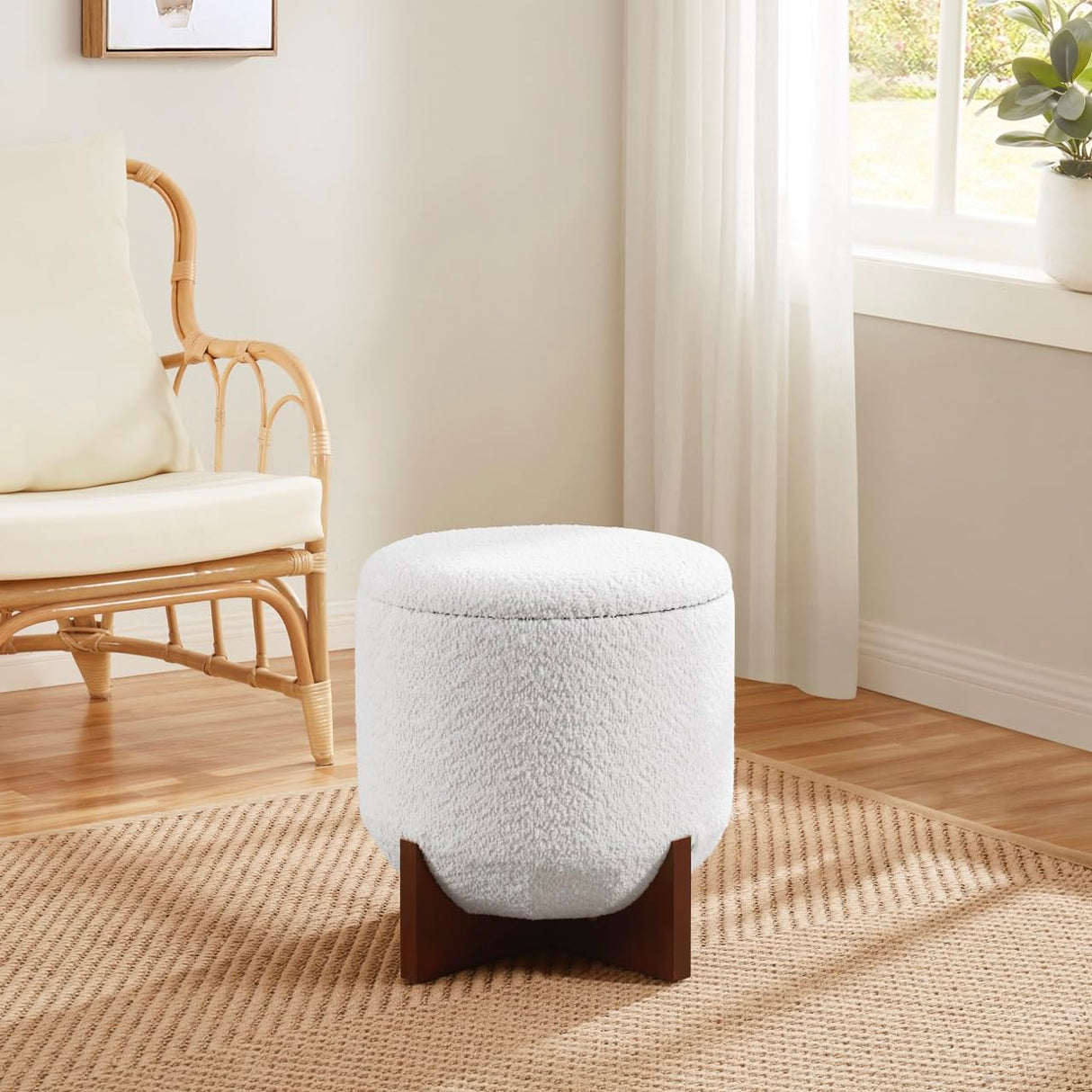 Ornavo Home Decor Round Ottoman with Storage, Boucle White Teddy Round Vanity Chair Stool Ottoman Pouf with Storage for Living Room and Bedroom Ornavo Home