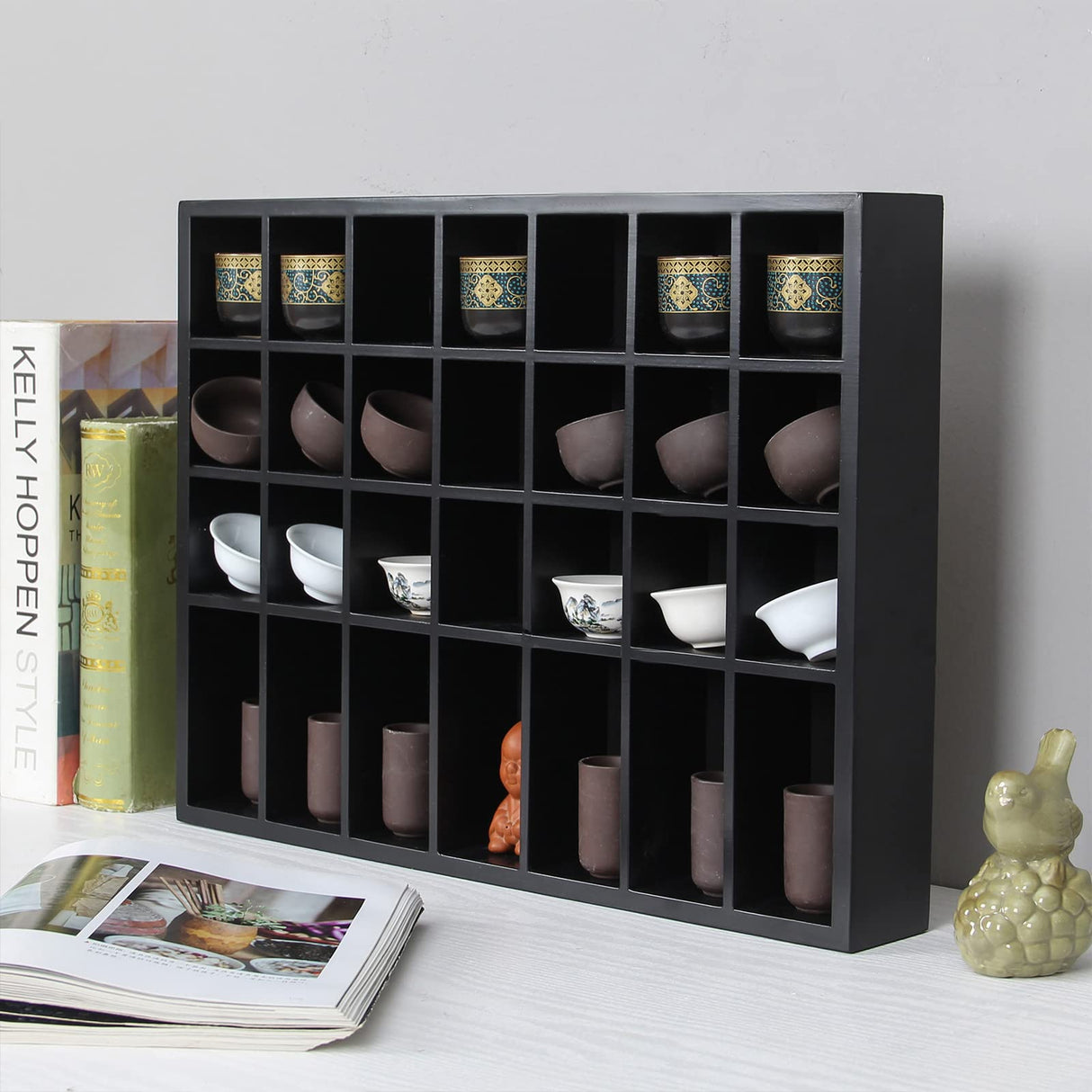 ARRAWIS Black Shot Glass Display Case 18" x13" Solid Wood Wall Mounted Collection Cabinet 28 Slots Small Curio Cabinet Rack (No Door) ARRAWIS