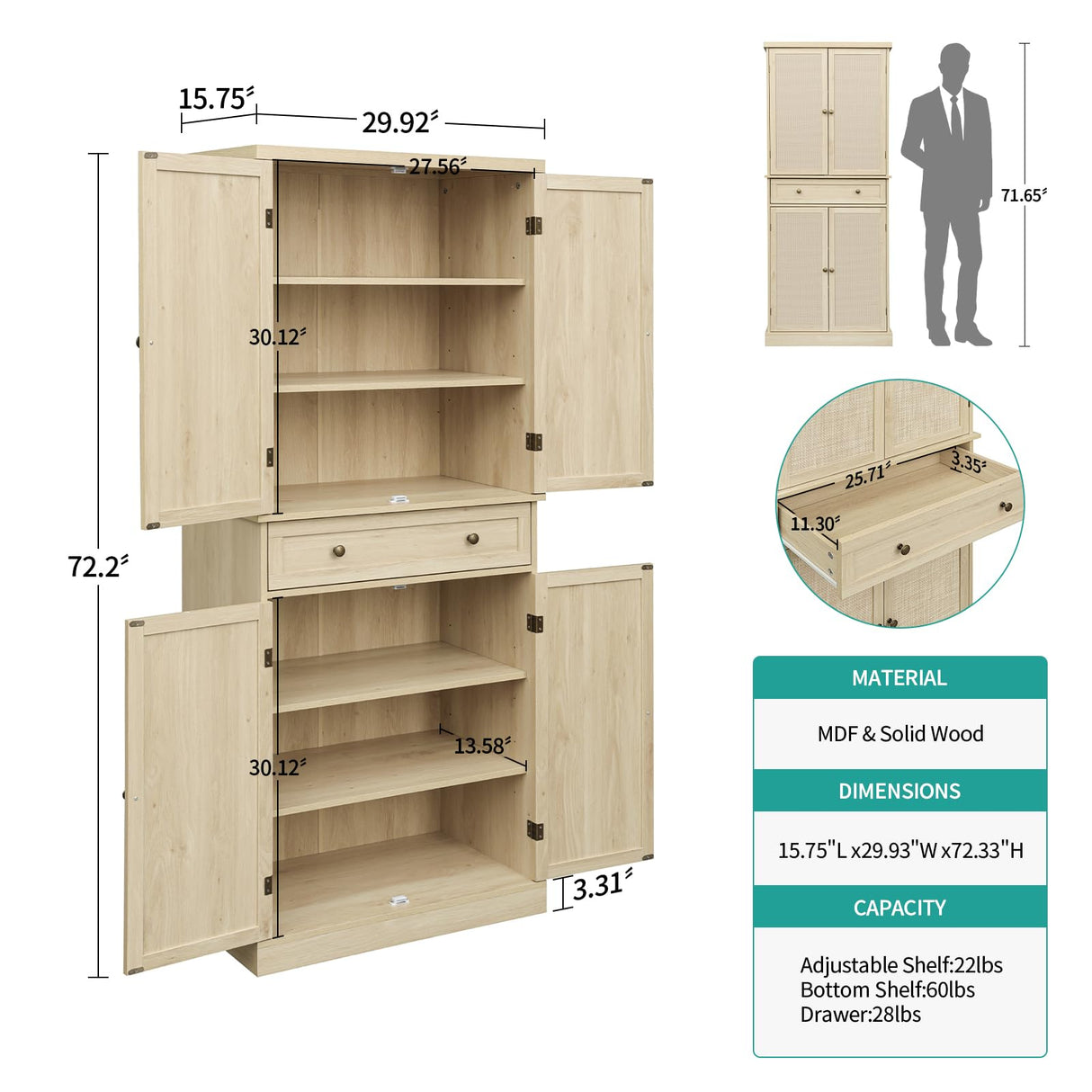 YHAOWORKS Kitchen Pantry Storage Cabinet - Rattan 4 Doors 1 Drawer Tall Cabinet with Adjustable Shelf and 6 Shelves, 72'' Freestanding Cupboard for Living Room, Dining Room, Bathroom (Natural) YHAOWORKS