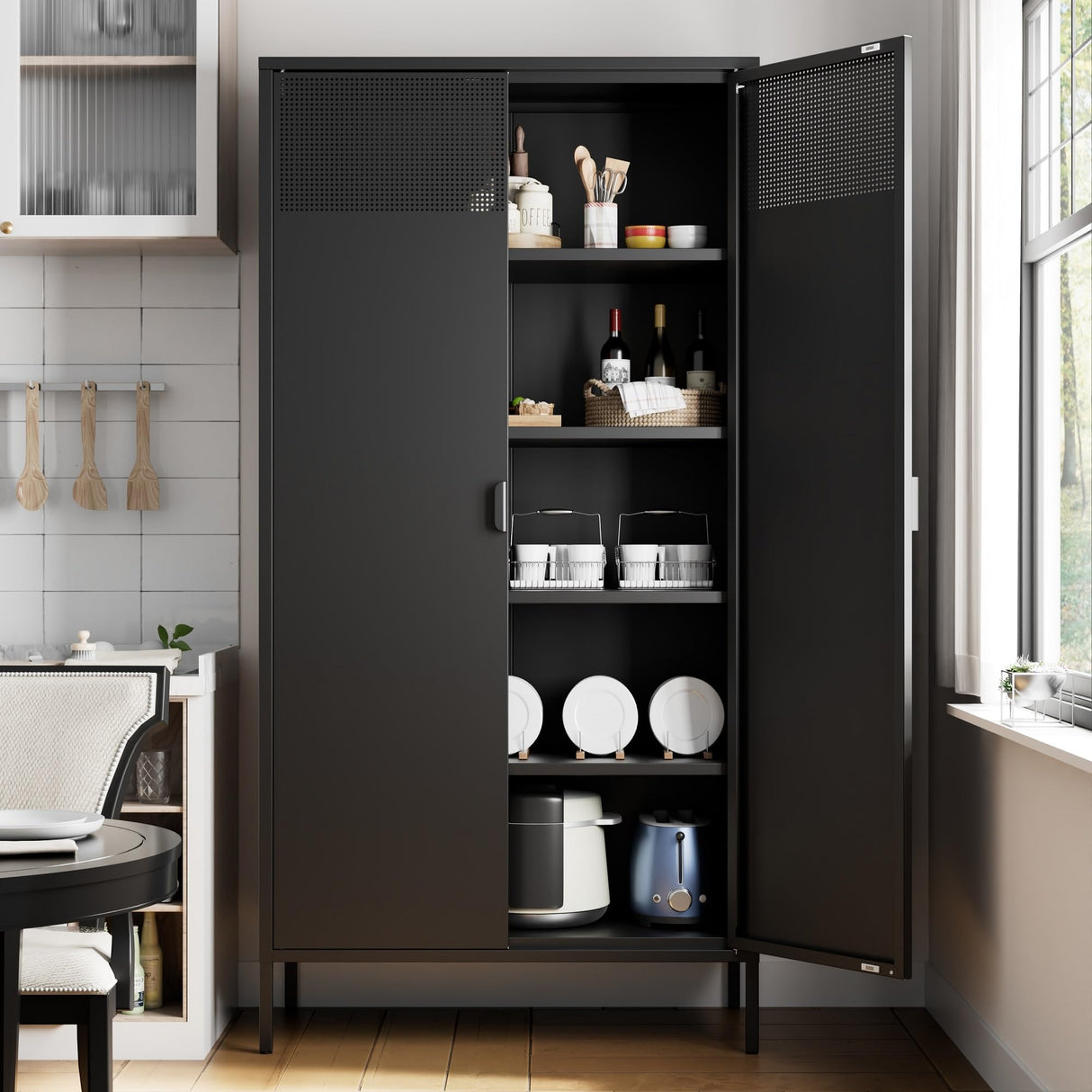 Ustamio 71 Inches Black Metal Storage Cabinet with Doors and Shelves, 5 Tier Kitchen Pantry Cabinet, Metal Cabinet for Home Office, Dinning Room, Laundry Room, Living Room, Bathroom and Utility Room Ustamio