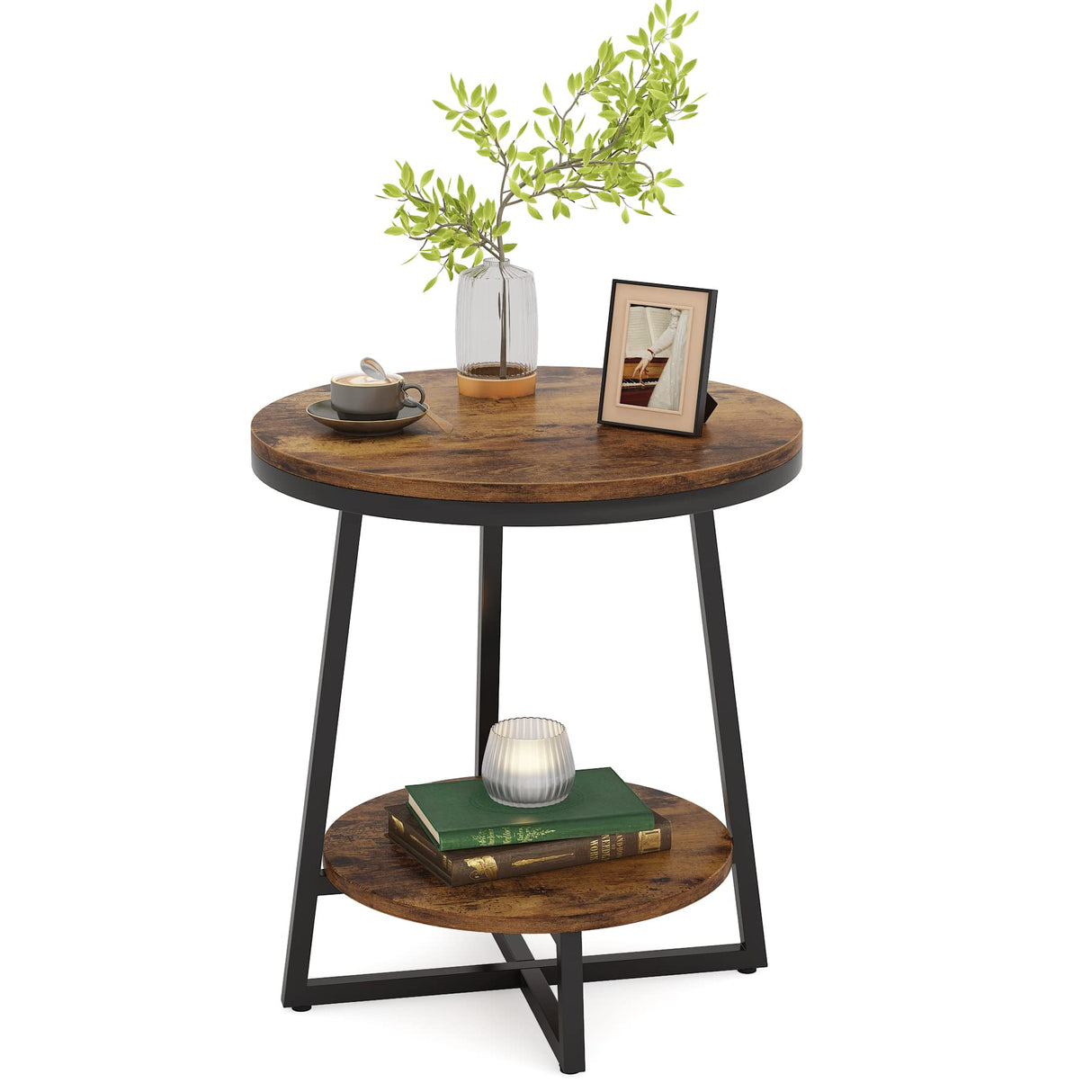 Tribesigns End Table, 2 Tier Round Side Table with Storage Shelf, Industrial Nightstand Bedside Table Coffee Accent Table for Living Room Bedroom Small Space, Rustic Brown Tribesigns