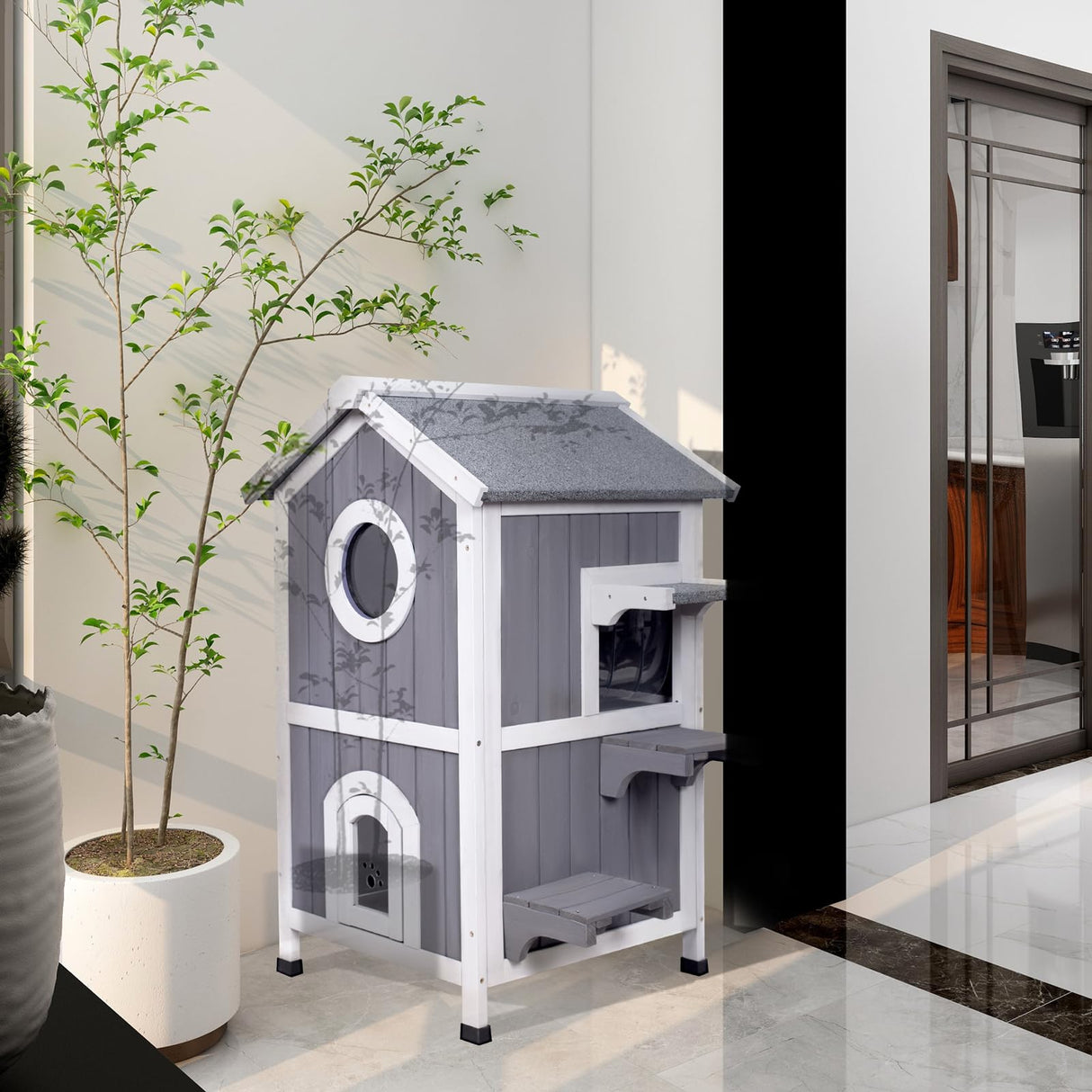 GEGURI Outdoor Cat House Weatherproof, Wooden Two-Story Feral Cat Shelter with Openable Roof, Escape Door, Balcony GEGURI