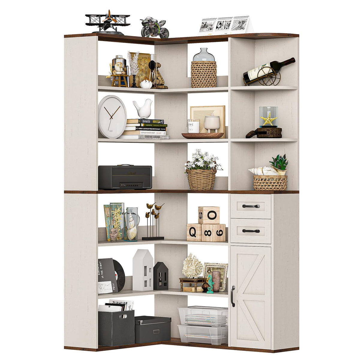 UPOSOJA 7-Shelf Farmhouse Corner Bookshelf with Lockers & Drawers, 71" L-Shaped Large Storage Shelf Display Rack for Bedroom, Living Room, Home Office (White Brown) UPOSOJA
