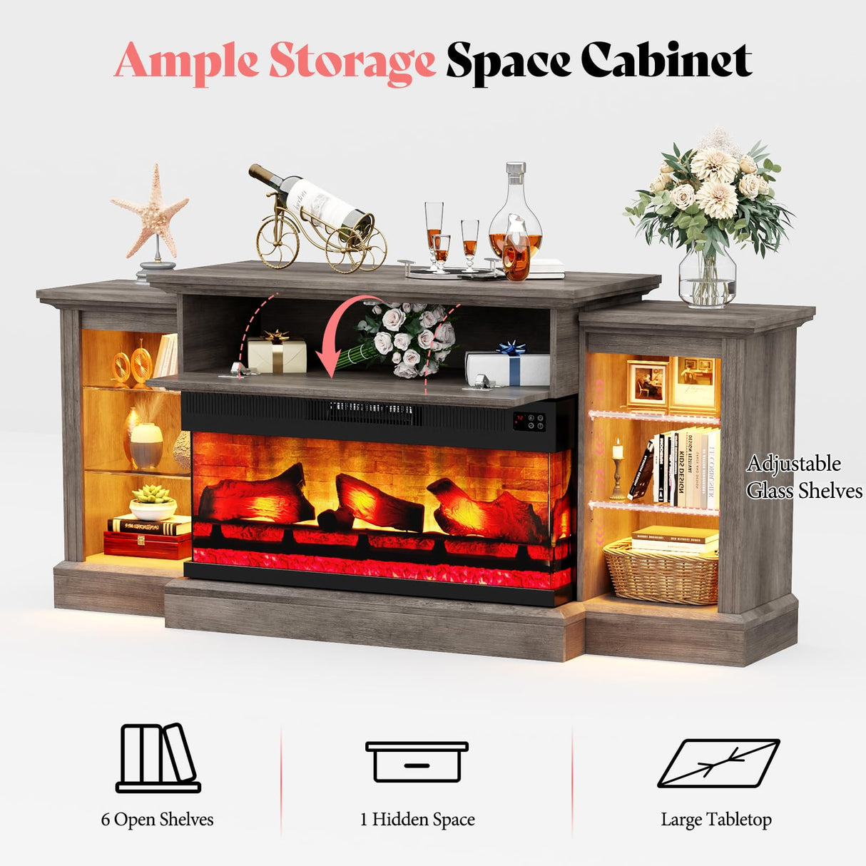 AMERLIFE 70" Electric Fireplace with Mantel, Farmhouse 3-Sided Fireplace TV Stand for TVs up to 75 Inch, Entertainment Center with Adjustable Shelves & LED Light, Rustic Grey AMERLIFE