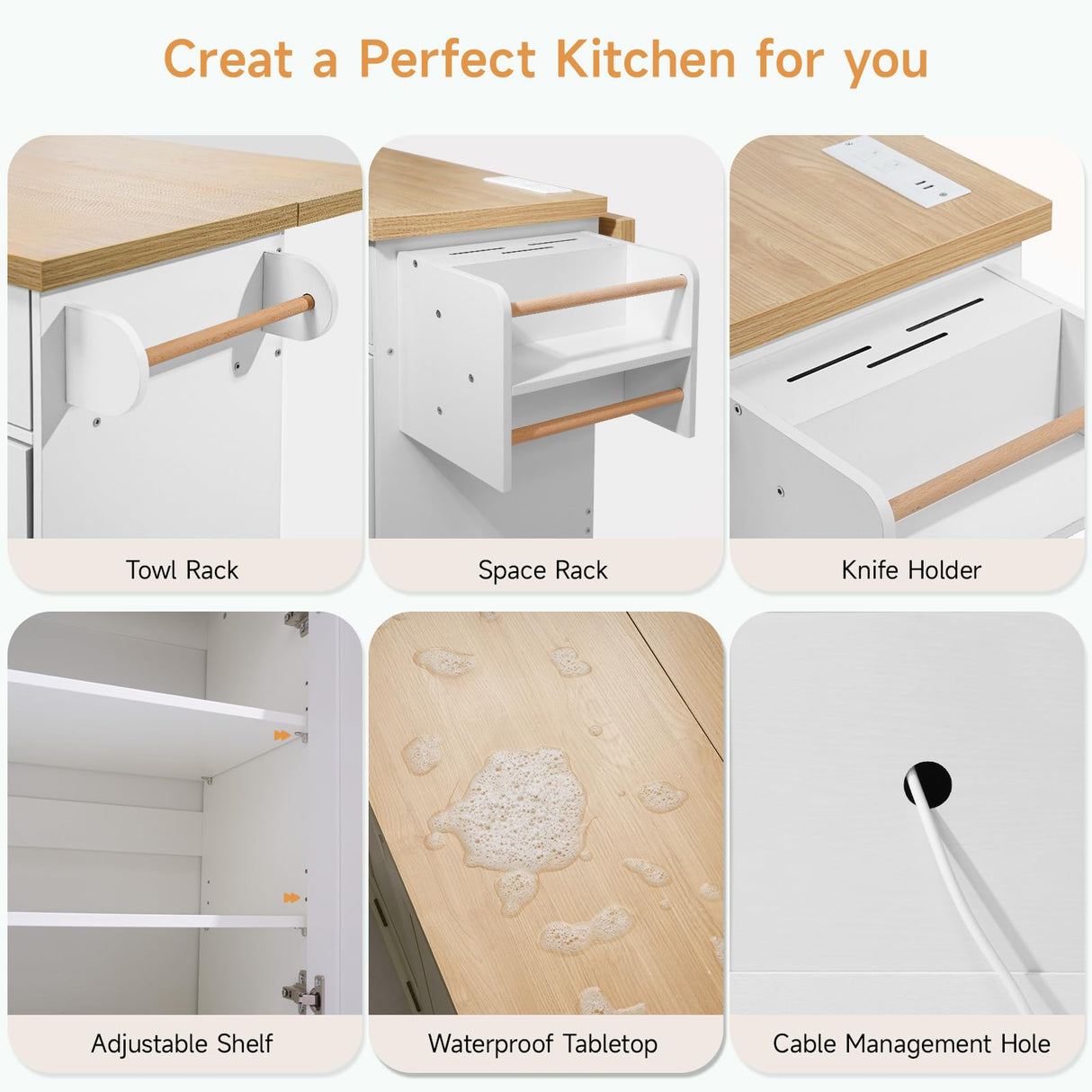 ONBRILL Mobile Kitchen Island with Drop Leaf, 60" Wide Home Carts with Spice Rack & Towel Rack, Drawers & Knife Holder, Rolling Kitchen Island Table with Power Outlet & Trash Can Storage Cabinet ONBRILL