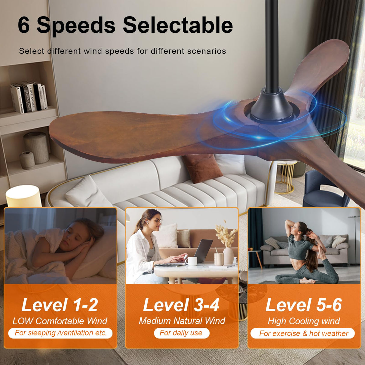 BOJUE 36 Inch Solid Wood Ceiling Fans Without Lights, 6 Speeds,Reversible DC Motor, Noisless, Black Ceiling Fan No Light, Modern Indoor Outdoor Ceiling Fan with Remote for Patio Living Room Bedroom BOJUE