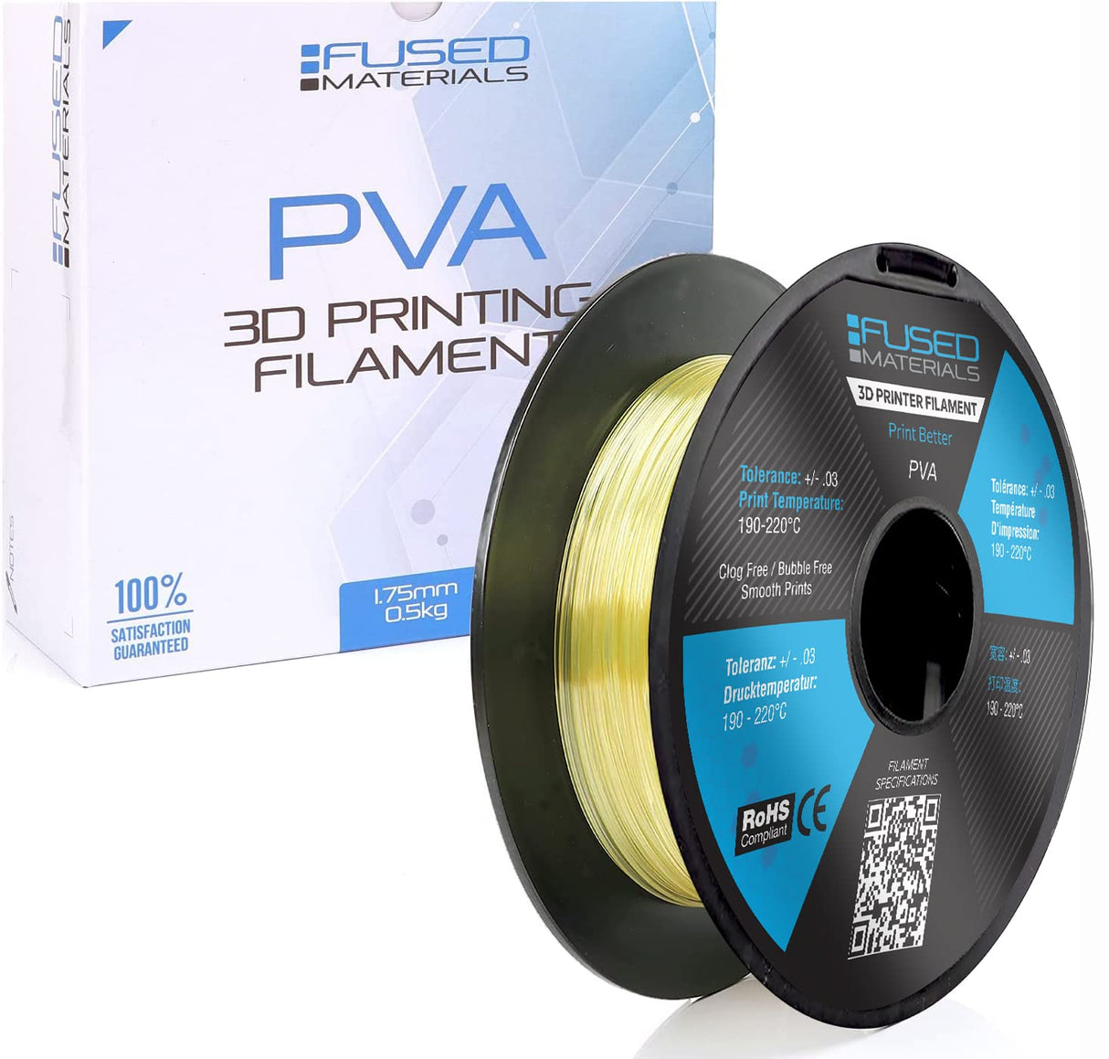 Fused Materials PVA 3D Printer Filament - Dissolvable, Water Soluble Filament for 3D Printers and 3D Pens, 1.75mm, 0.5kg FUSED MATERIALS