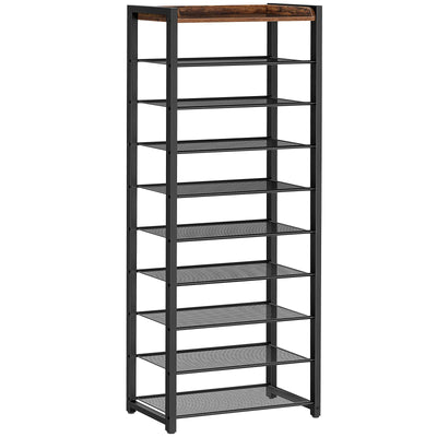 HOOBRO 10 Tier Shoe Rack, Narrow Shoe Storage Organizer with 9 Metal Shelves, Saving Space, Stable and Sturdy, Hold 18-27 Pairs of Shoes, for Entryway, Hallway, Living Room, Rustic Brown BF40XJ01