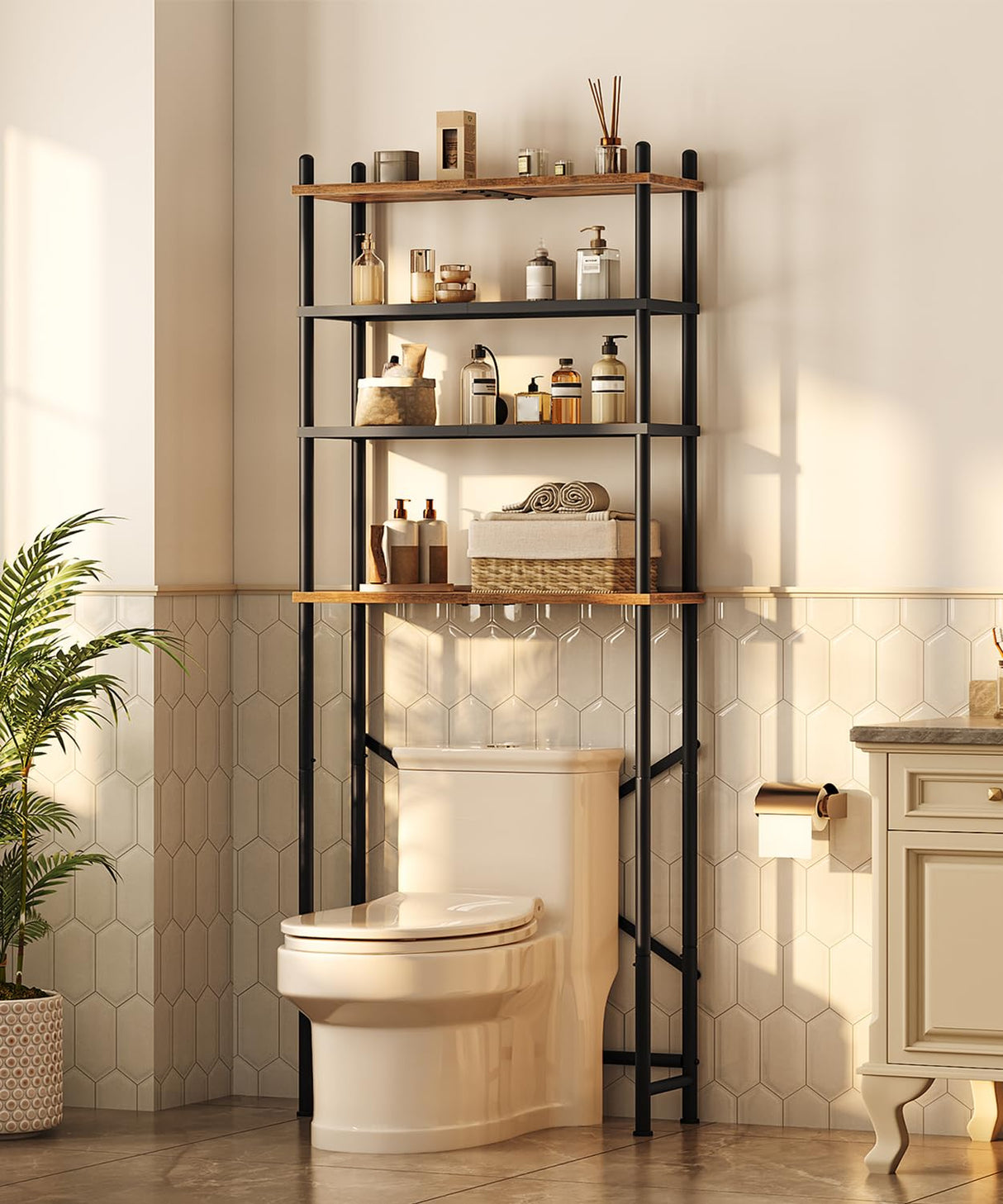 HOOBRO Over The Toilet Storage, 4-Tier Over Toilet Bathroom Organizer, Freestanding Above Toilet Shelf with Adjustable Feet, Space Saving, Easy to Assemble, Rustic Brown and Black BF64TS01 HOOBRO