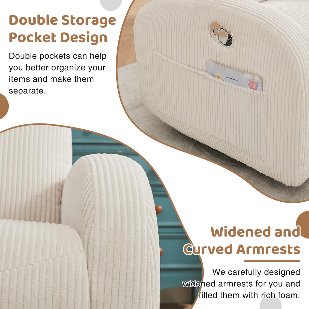AEMEIOS Swivel Recliner Rocker Nursery, Nursering Glider Recliner, Manual Swivel Rocking Reclining with Double Pockets for Living Room, Corduroy Cream White AEMEIOS