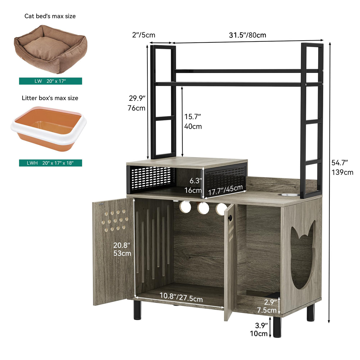 YITAHOME Cat Litter Box Enclosure with Shelves Storage, 54" Hidden Litter Box Furniture with Cat Bowl and Cat Litter Mat, Grey YITAHOME