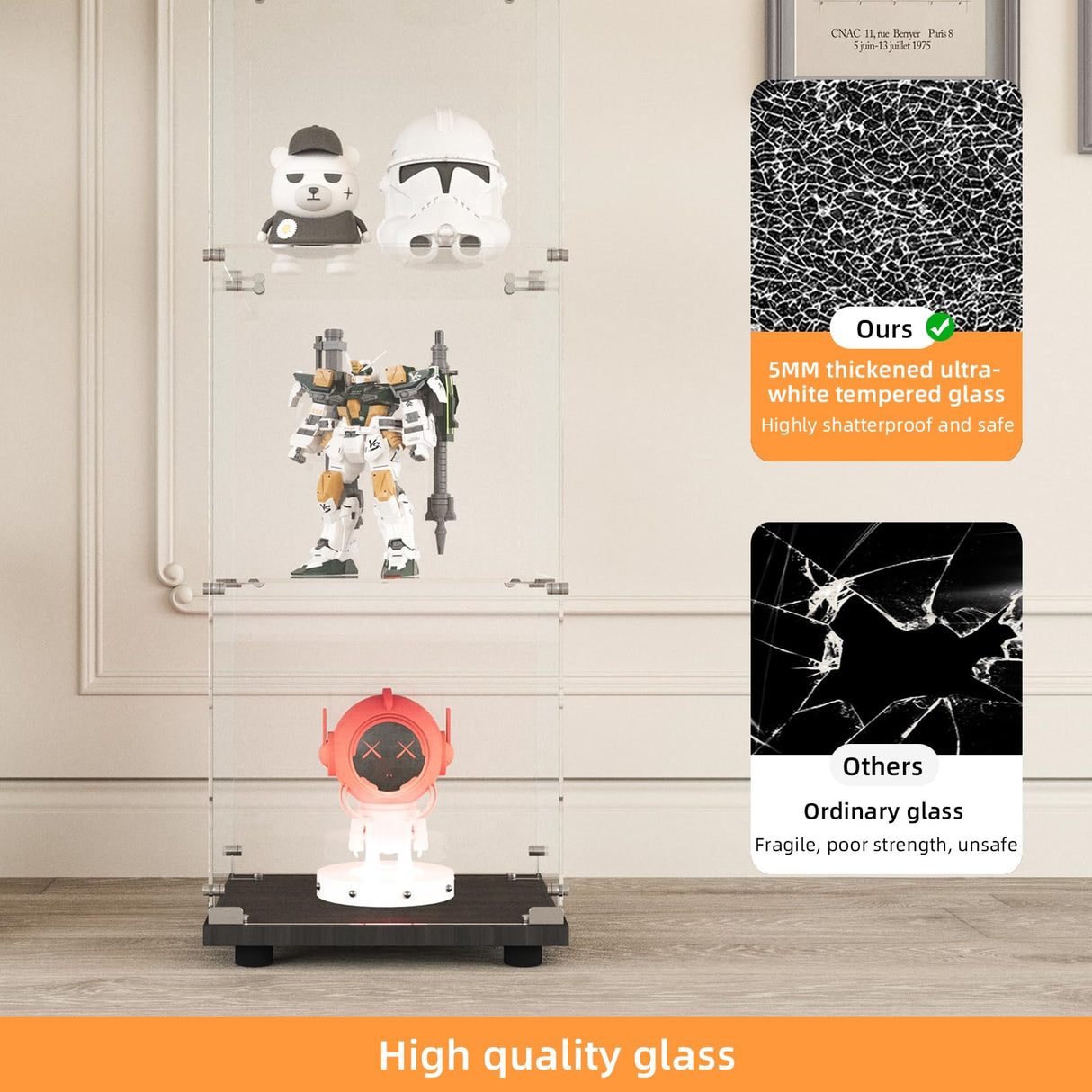 LFT HUIMEI2Y Glass Display Cabinet with LED Lights and Lock, 4-Shelf Curio Cabinets with Door, Tempered Glass Collection Display Showcase for Bedroom, Living Room 65”x 17”x 14.5” Black LFT HUIMEI2Y