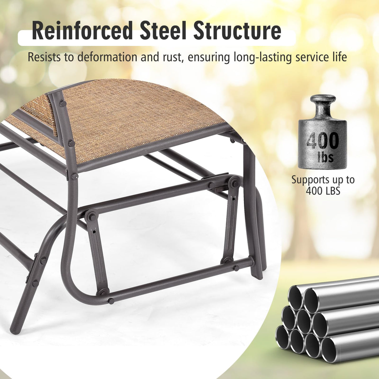 Tangkula 2-Person Patio Glider Bench, Outdoor Rocker Glider Loveseat Chair W/Heavy-Duty Steel Frame, Breathable Seat Fabric, Rocking Lounge Chair for Poolside, Garden, Backyard (Brown) Tangkula