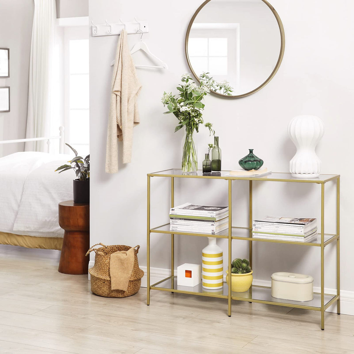 VASAGLE 39.4 Inch Console Table with 3 Shelves, Sofa Table, Entryway Table, Metal Frame, Tempered Glass Shelf, Modern Style, for Entryway Living Room Bedroom, Metallic Gold and Transparent ULGT27G VASAGLE