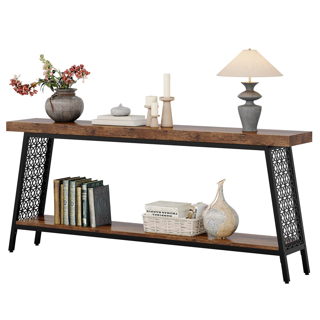 Tribesigns 70.9" Extra Long Console Table, 2-Tier Sofa Table with Storage, Industrial Entryway Table Behind Couch, Narrow Hallway Table Entrance Table for Living Room, Rustic Brown Tribesigns