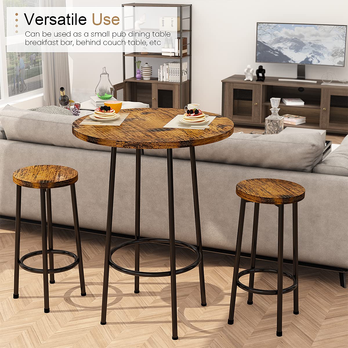 Recaceik 3 Piece Pub Dining Set, Modern Round bar Table and Stools for 2 Kitchen Counter Height Wood Top Bistro Easy Assemble for Breakfast Nook Living Room Small Space Restaurant, Rustic Brown 23 Recaceik