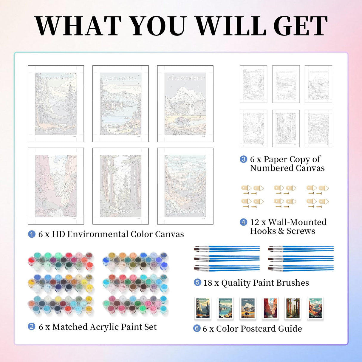 6 Pack Paint by Numbers Kit for Adults, National Park Adult Paint by Number Kits on Canvas Without Frame for Beginner, Mountains Lake Acrylic Oil Painting by Numbers Kits for Home Decor 8 x 12 Inch Camocin