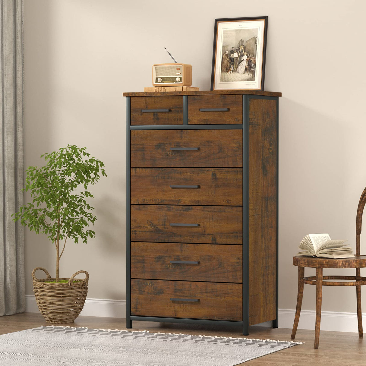 IKENO 7 Drawer Tall Dresser with Sturdy Metal Frame, Industrial Drawer Chest for Bedroom, Clothes Storage Cabinet IKENO