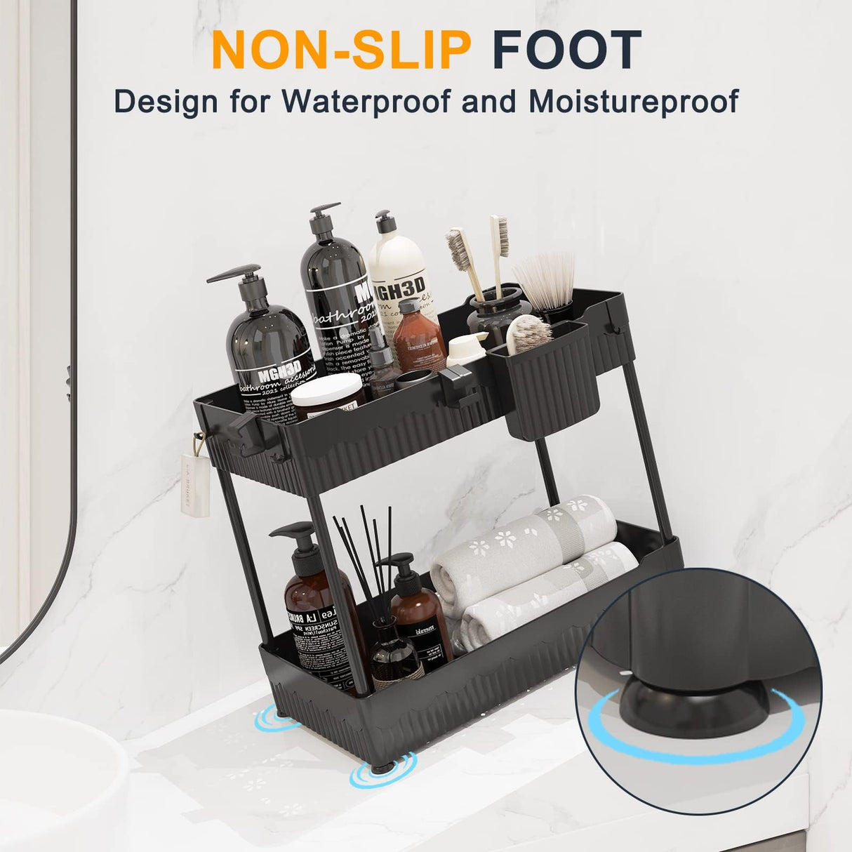 Sevenblue 2 Pack Under Sink Organizer, Under Bathroom Cabinet Organizer with Hooks Hanging Cup, Multi-Purpose Storage Shelf for Kitchen Bathroom, Black Sevenblue