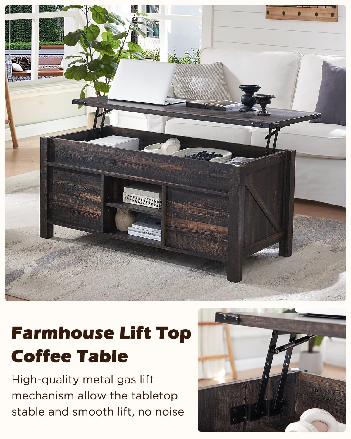 OKD 48" Farmhouse Lift Top Coffee Table with Sliding Barn Door,Rustic Center Table with Hidden Storage Compartment,Lifting Tabletop and Adjustable Shelf for Living Room,Office,Dark Rustic Oak OKD