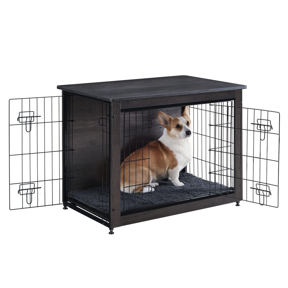 DWANTON Dog Crate Furniture with Cushion, Medium Wooden Dog Crate with Double Doors, Dog Furniture, Indoor Dog Kennel, End Table, Medium, 32.5" L, Dark Grey Dwanton