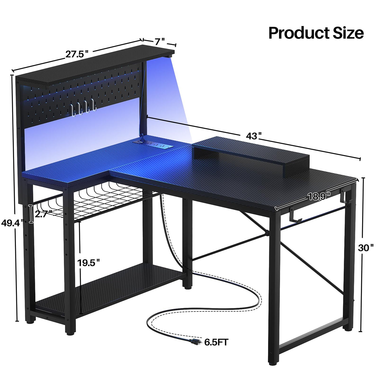 Homieasy Small Gaming Desk with Power Outlets Pegboard LED Light, 43 Inch L Shaped Computer Desk with Monitor Stand Storage Shelves, Reversible Corner Desk with Headset Hooks, Carbon Fiber Black Homieasy