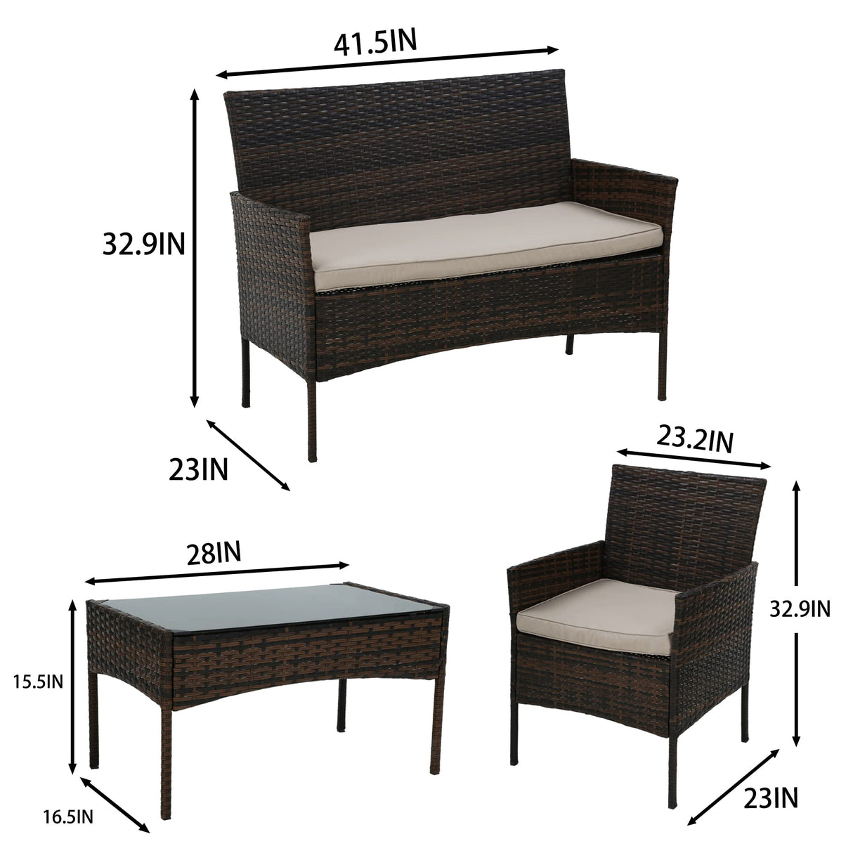 4 Pieces Patio Furniture Set Rattan Outside Furniture Wicker Sofa Garden Conversation Sets with Soft Cushion and Glass Table for Yard Pool or Backyard,Brown PayLessHere