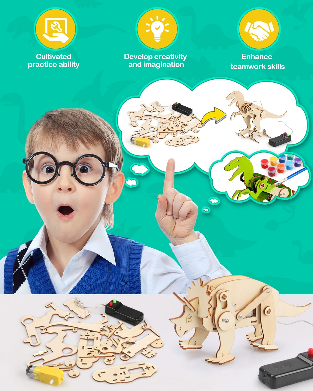 Poraxy Dinosaur Toys, 4 in 1 STEM Kits for Kids Age 8-10, Toys for Ages 8-13, Educational Science Building Projects, 3D Wooden Puzzles Robot Crafts, Gifts for Boys Girls 7 8 9 10 11 12 13 Year Old Poraxy