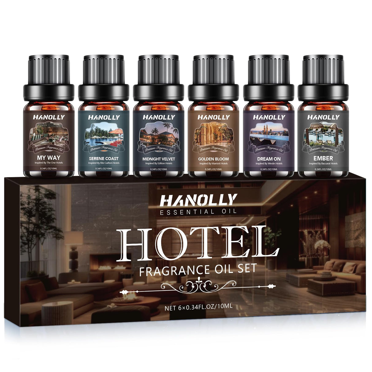 Hotel Diffuser Oils Gift Set - 6x10ML Luxury Hotel Scent Essential Oils Set for Diffuser, Candle Making - Premium Fragrance Oil, My Way, Ember, Dream On, Serene Coast, Midnight Velvet, Golden Bloom Hanolly
