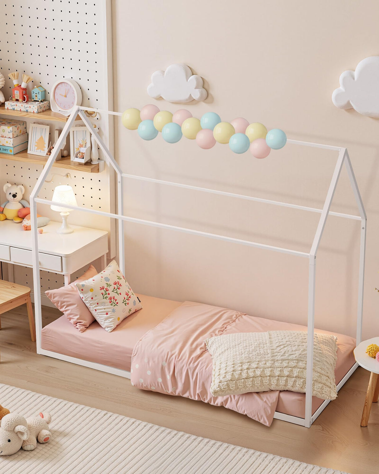 VEVOR Twin Size House Bed Frame, Metal Kids Floor Bed Frame with Roof, Heavy Duty Steel Slats Support, House Shape Bedframe for Girls and Boys, No Box Spring Needed, Easy Assembly, White VEVOR