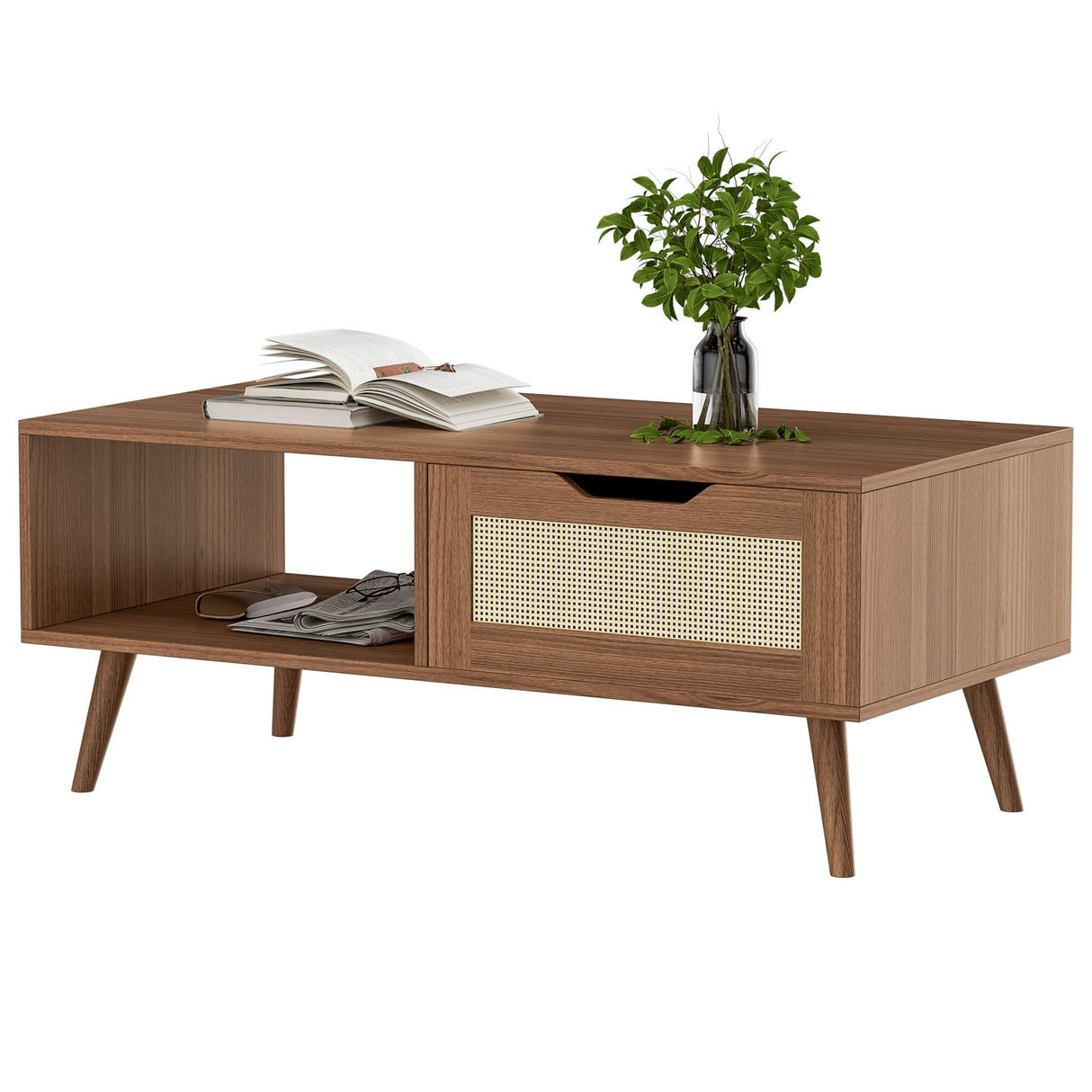 DIYART Brown Rattan Coffee table, Mid Century Modern with Drawer & Shelf, 39'' Wooden boho coffee table for Living Room DIYART